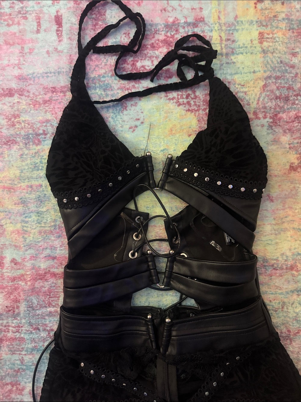Fashion Nova Black Lace & Faux-Leather Halter Jumpsuit with Studs - Picture 7 of 8
